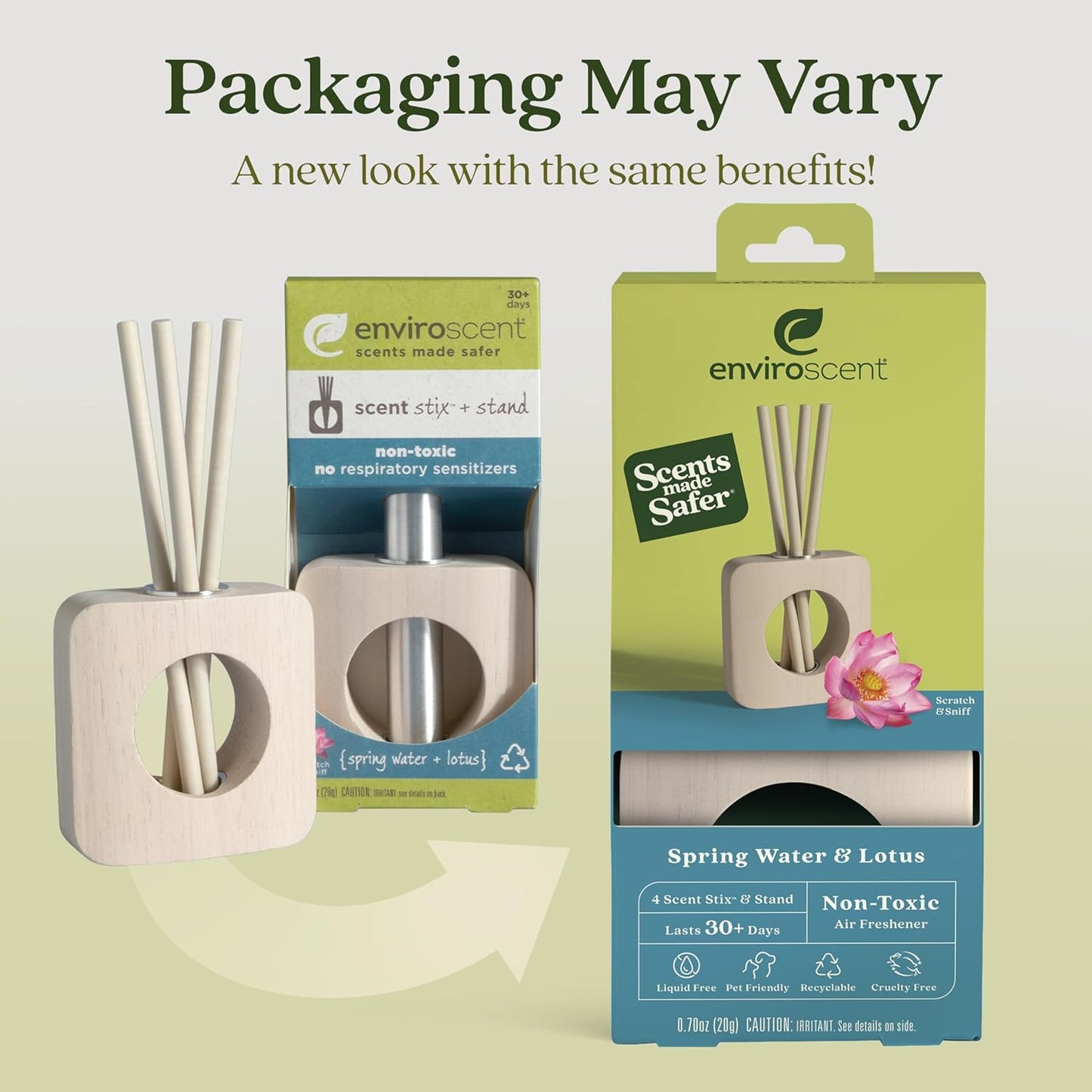 Enviroscent Non-Toxic Air Freshener for Home | Liquid Free Diffuser | Home Fragrance Lasts Over 30 Days | Kit includes 1 Mango Wood Stand & 1 Scent Stix Refill (Spring Water & Lotus)