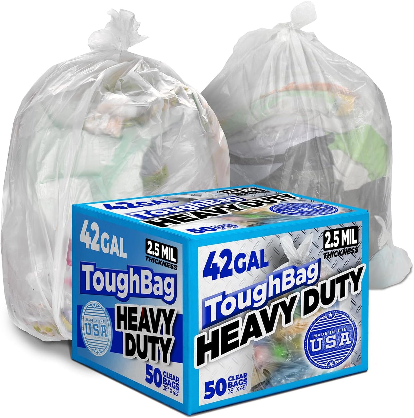 ToughBag 40-42 Gallon Trash Bags, 2.5 Mil Contractor Bags, Heavy Duty Large Trash Can Liners, Recycling Trash Bags, 33 x 48" (50 COUNT/CLEAR) - Made in USA