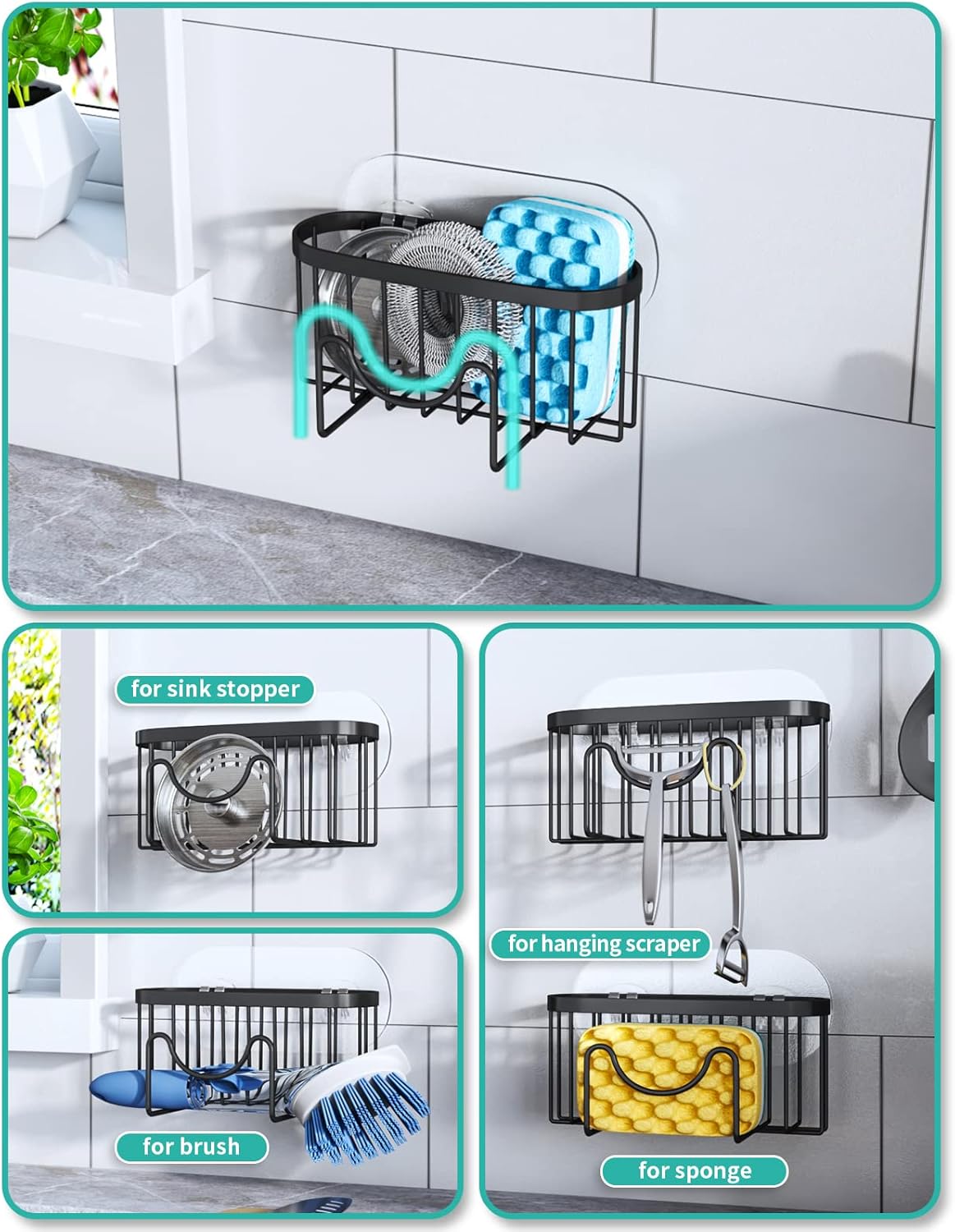 HapiRm Multifunctional Sponge Holder with Unique M-shaped, Two Installation Methods Kitchen Sink Organizer, Rustproof Stainless Steel Sink Caddy -Black（2-pack）