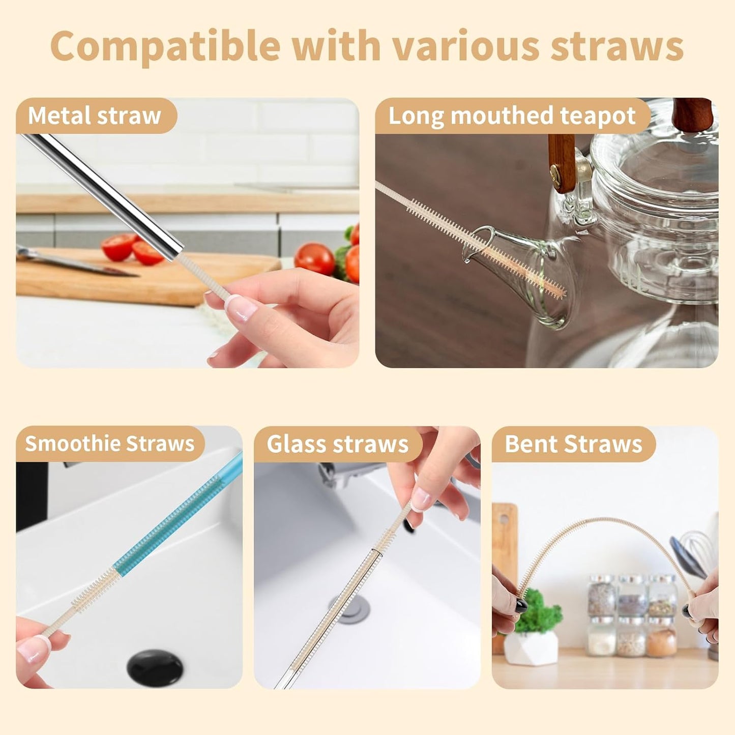 2Pcs Silicone Straw Cleaner Brush, 9.84in Reusable Straw Cleaner with Bendable Steel Core, Extra Long Soft Bottle Brush for Clearing Glass Straws, Smoothie Straws, 9mm&6mm (Beige)