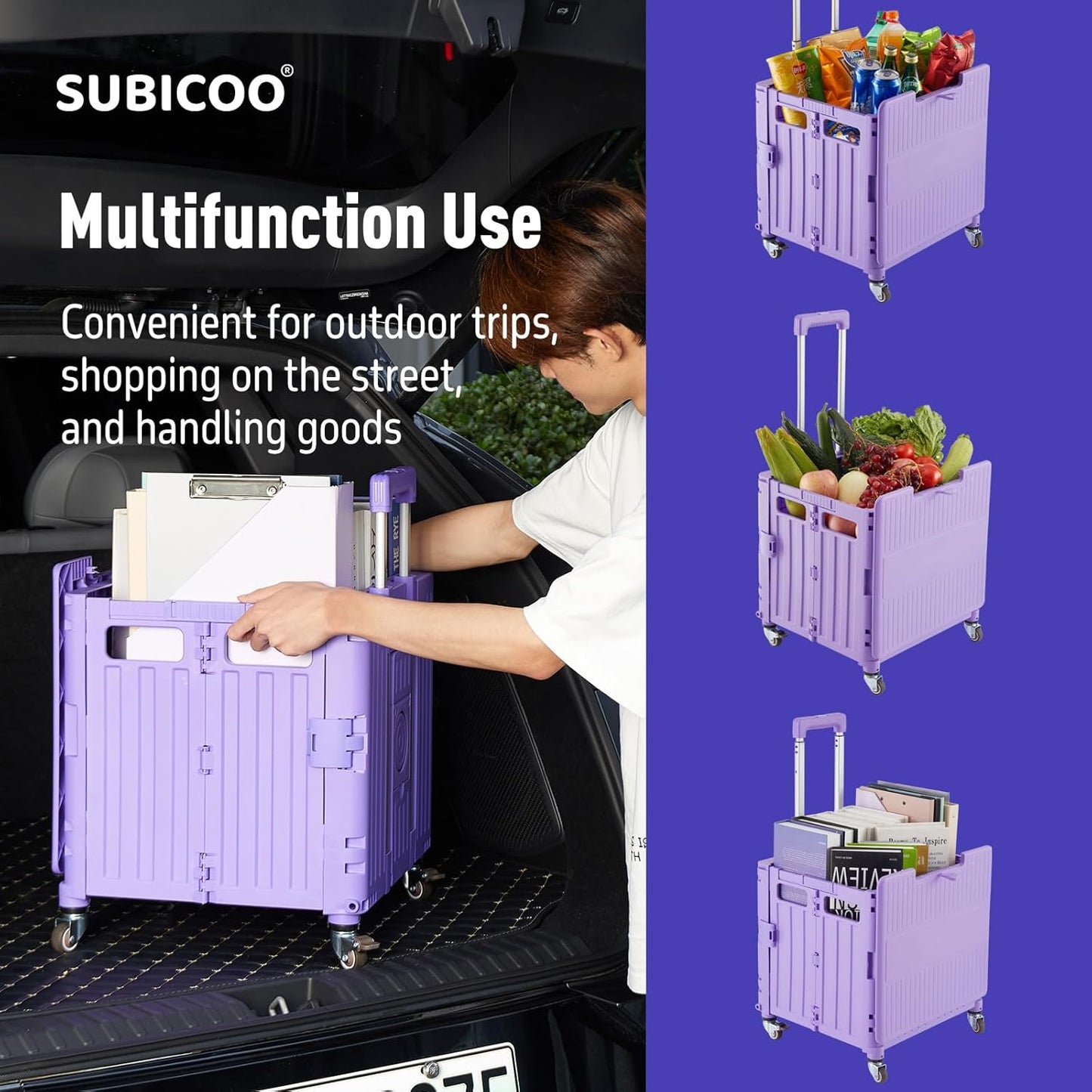 Folding Utility Cart Portable Rolling Crate Handcart Shopping Trolley Collapsible Tool Box, with Lid, Basket on 4 Rotate Wheels, for Grocery, Shopping, Office, Storage, Teacher (Purple)