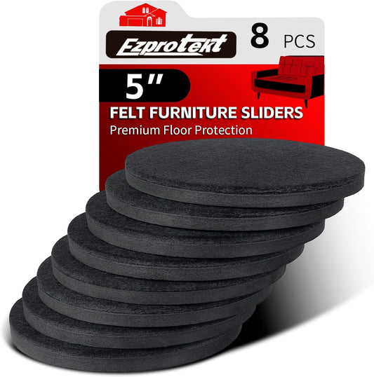 Ezprotekt 5" Round Felt Furniture Movers Sliders for Hardwood Floors, 8 Pcs Reusable Felt Furniture Moving Pads for Heavy Duty Bed Sofa Fridge Couch, Move Item Easily and Quickly (Black)