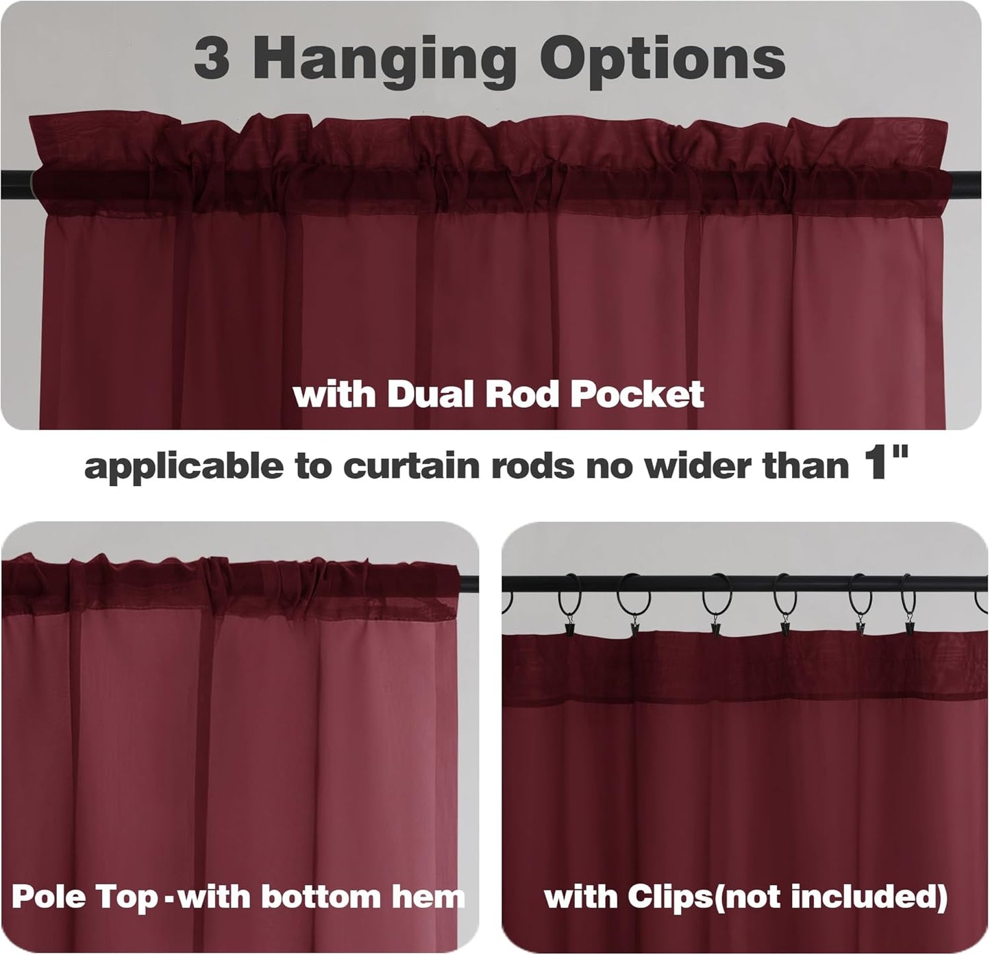 Chyhomenyc Sheer Tier Curtains 24 Inch Length, Small Cute Window Curtains Treatment for Bathroom Living Room Cafe Basement, Short Voile Curtain Tiers 42in x 24in, Rod Pocket, 2 PCS,Burgundy