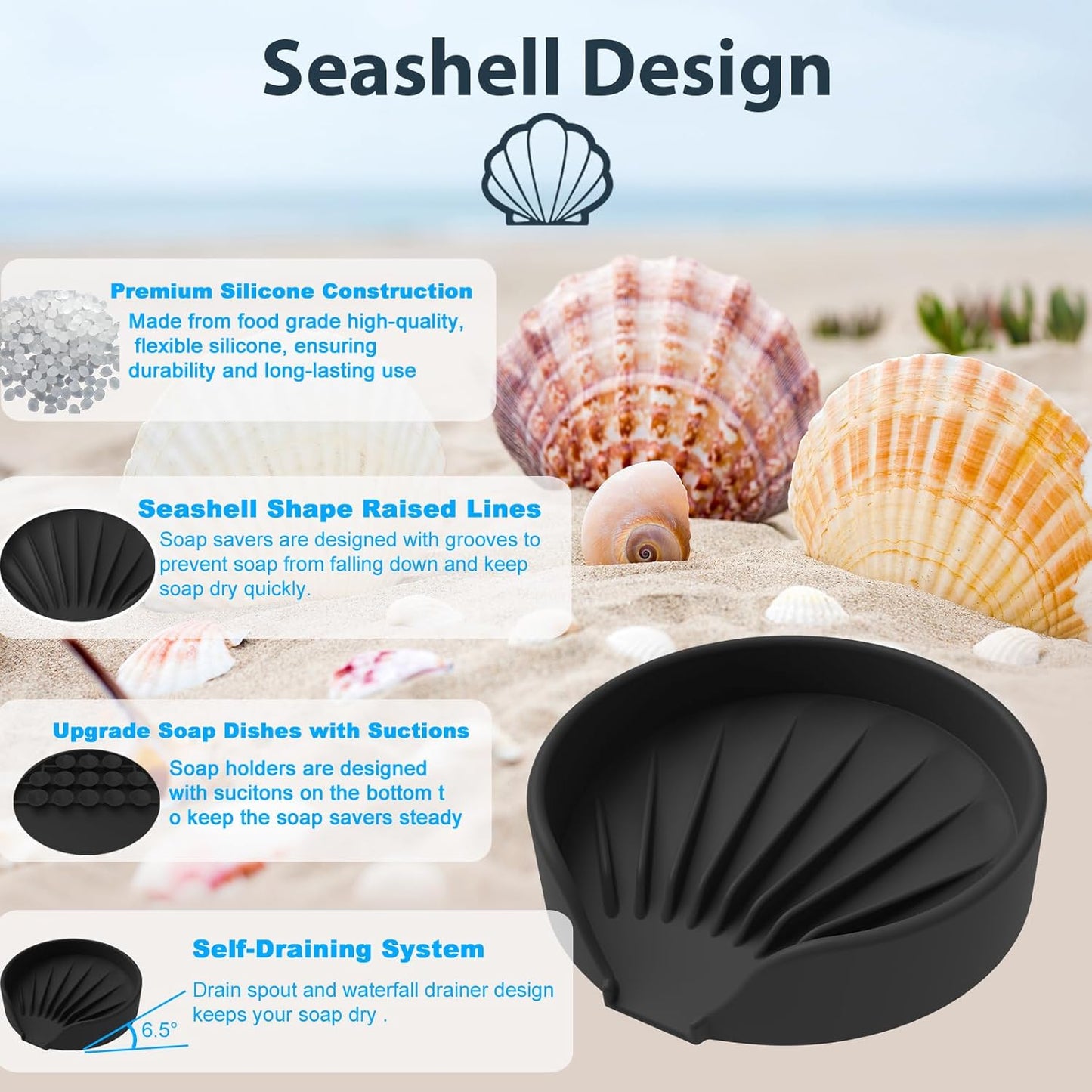 Self Draining Soap Dish, Silicone Suction Cup Soap Holder Tray Savers Container Sponge Holder for Bar Bathroom Shower Kitchen Sink, Can Extend Soap Life (2, Black)