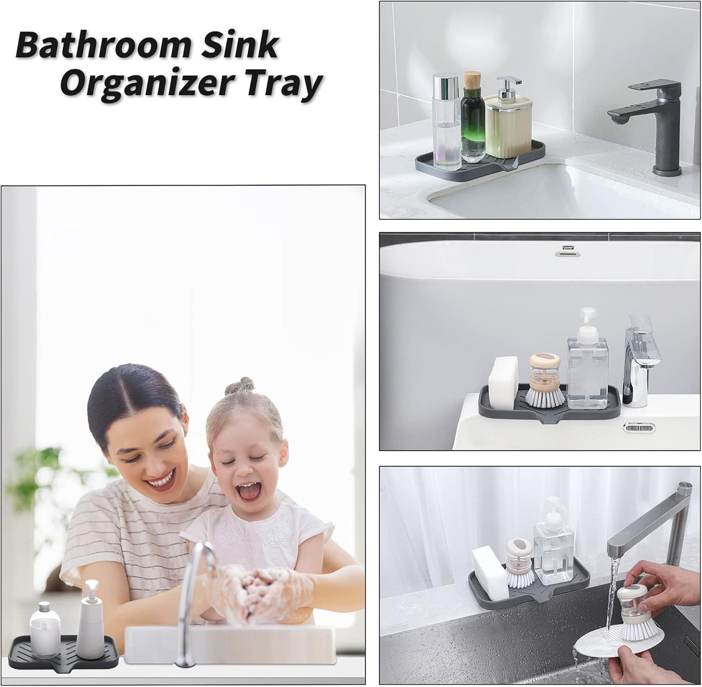 Silicone Bathroom Soap Dishes with Drain Spout-Bathroom and Kitchen Sink Organizer,Sponge Holder,Dish Soap Tray,Perfect for Dispenser,Scrubber,Bottle,Cup on Sink or Counter-Grey 9.6"×5.3"