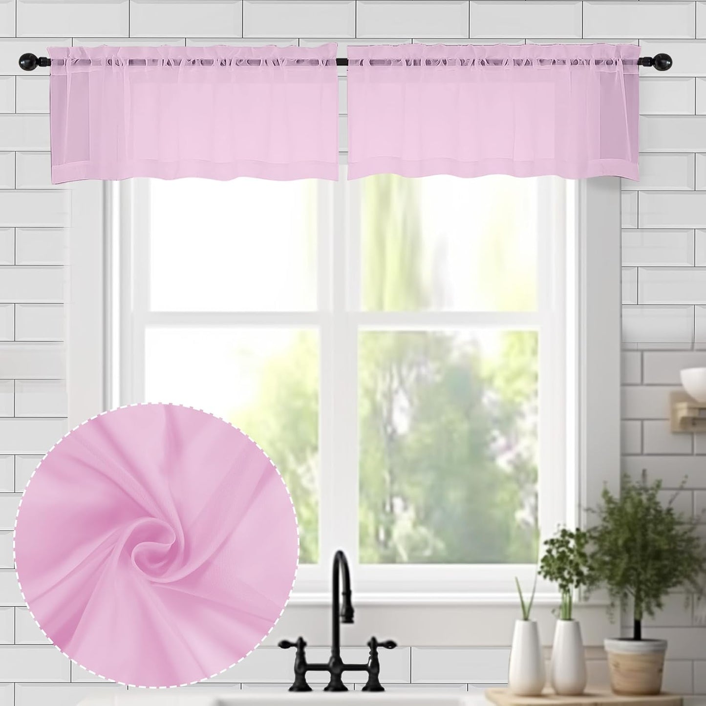 Chyhomenyc Pink Sheer Valances for Window 2 Pack, 42Wx14L Inches Small Sheer Cafe Curtains for Living Room Bathroom Study Cafe Laundry Basement, Cute Rod Pocket Voile Valance