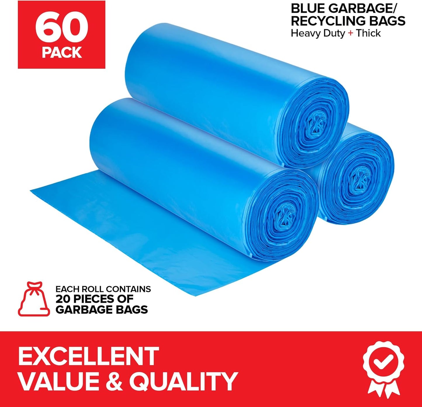 Heavy-Duty Blue Recycling Bags, 60-Pack Blue Garbage Bags For Recycling | 33-Gallon Capacity| Commercial, Industrial or Home Use