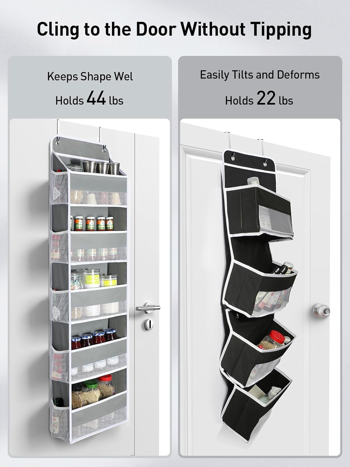 Yecaye 2 Pc Over The Door Organizer with 5 Bins 10 Side Pockets, 44lbs Load Hanging Bathroom and Bedroom Organizer, Behind The Door Hanging Organizers for Nursery Newborn Baby Essential Stuff Grey