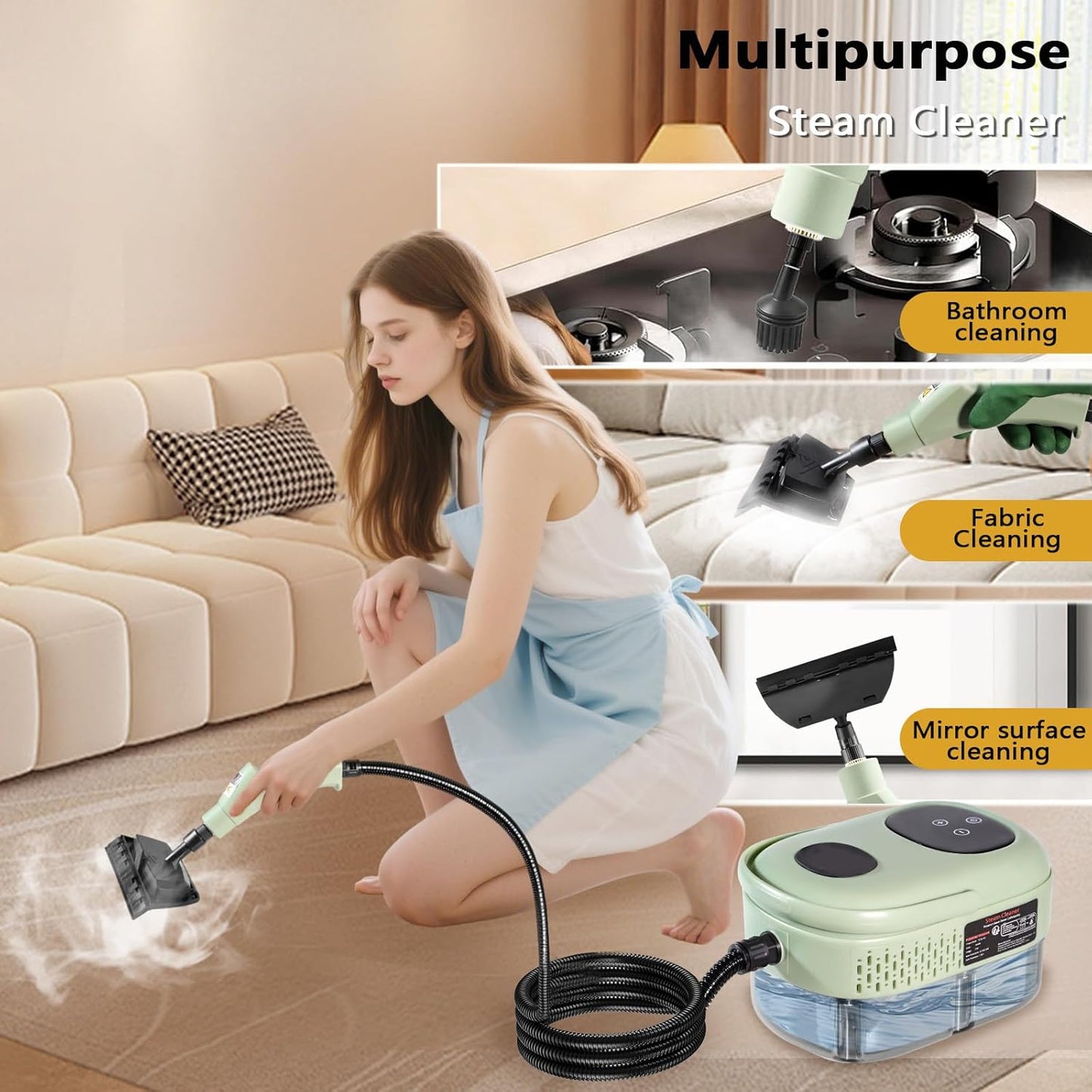 Steam Cleaner, 15s Heat-Up, 6-Level Adjustable Handle, High Pressure Steamer for Cleaning with 11 pcs Accessories, Handheld Cleaning Steamer for Home, Floors, Car, Upholstery, Grout, Bathroom, Kitchen