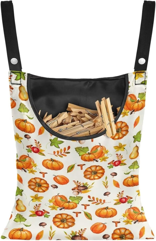 Pumpkin Print Clothespin Bag with Hanging Rope Space-Saving Clothespin Storage Organizer Waterproof Clothes Pin Holder for Clothesline Outdoor Waterproof Clothespin Storage