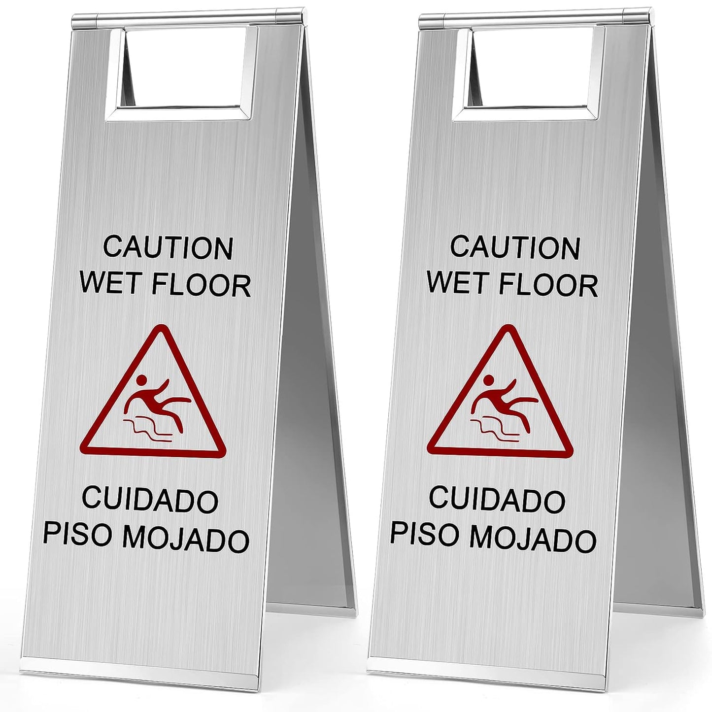 Kigley 2 Pcs Wet Floor Sign, 24 Inch Stainless Steel Caution Wet Floor Sign Double Sided Portable Foldable Bilingual Safety Warning for Hotel Market Restroom Restaurant Office (Silver)