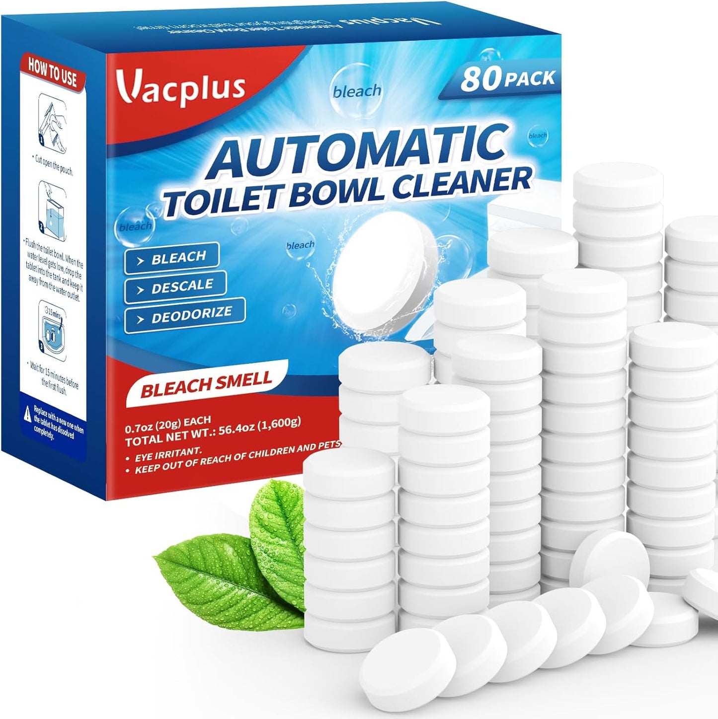 Vacplus Toilet Bowl Cleaner Tablets 80 PACK, Automatic Cleaners with Bleach, Slow-Releasing Toilet Tank Cleaners for Deodorizing & Descaling, Household Toilet Cleaners against Tough Stains