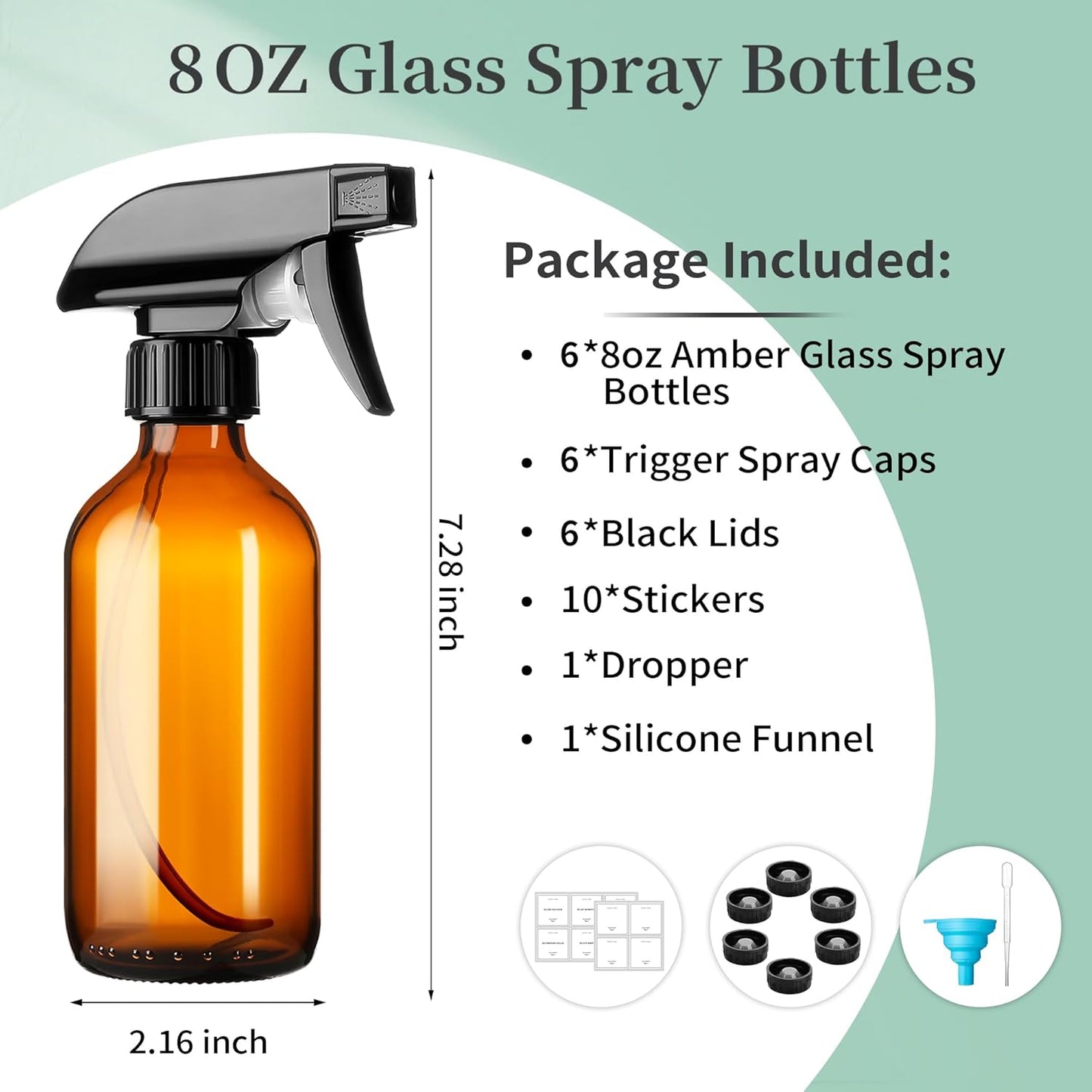 8oz Amber Glass Spray Bottles,6 Pack Glass Spray Bottles Refillable Empty Bottle with Adjustable Nozzle,Spray Bottle for Essential Oils,Cleaning Solutions,Pets,Hair Mister,Gardening