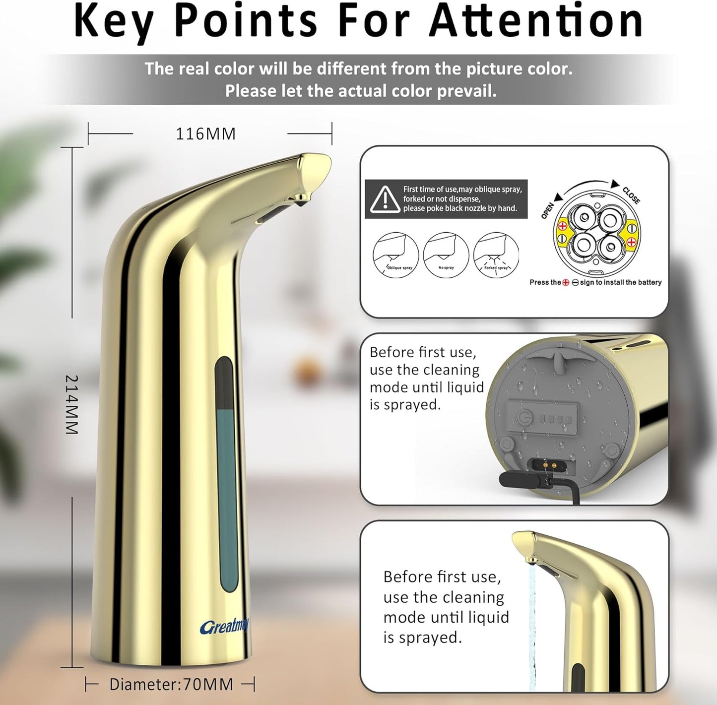 Convenient Automatic Soap Dispenser,4 Adjustable Levels Touchless Hand Sanitizer Pump with Infrared Sensor, 400 ml Countertop Electric Soap Dispenser for Bathroom,Kitchen (Gold2)