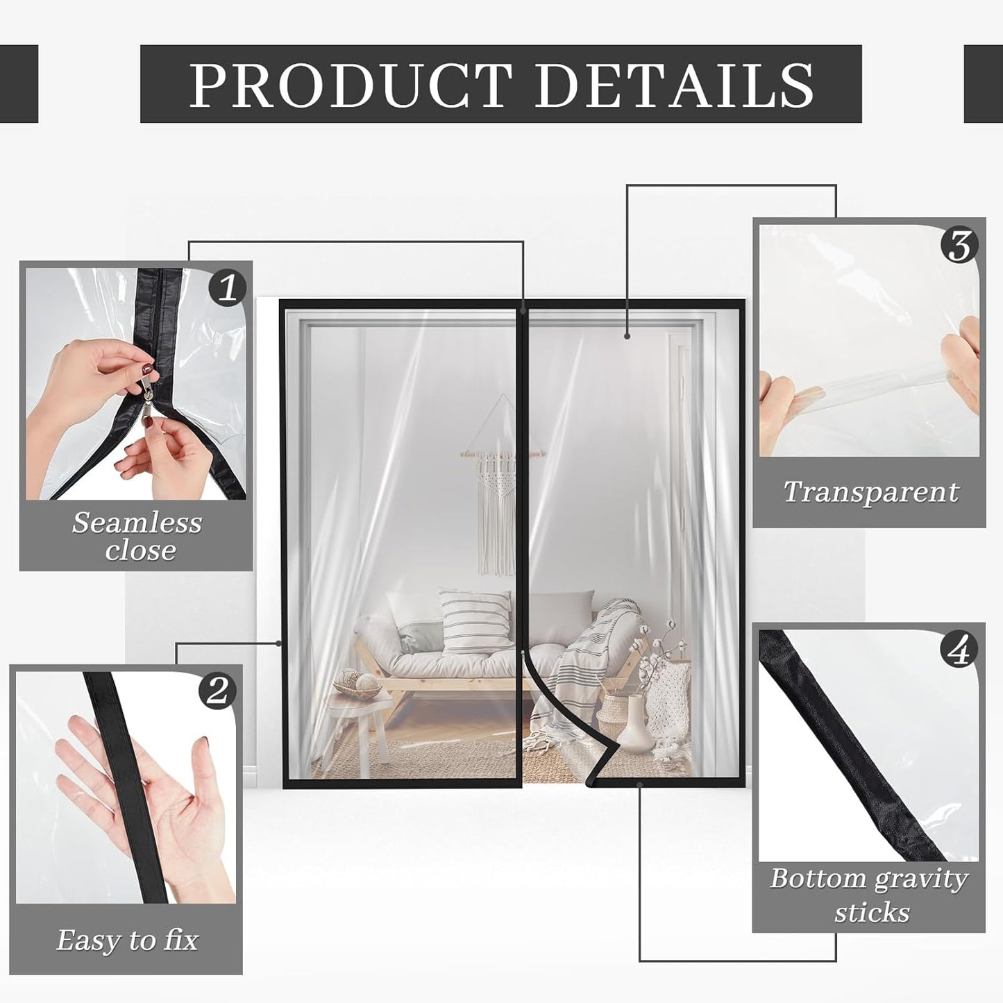Amylove Zipper 72 x 80 Inch Dust Barrier Door Kit Construction Door Barrier 6 x 6.7 ft Reusable Plastic Curtain Cover Containment Standard Doorway Temporary Wall Screen Sheeting for Bathroom Hallway