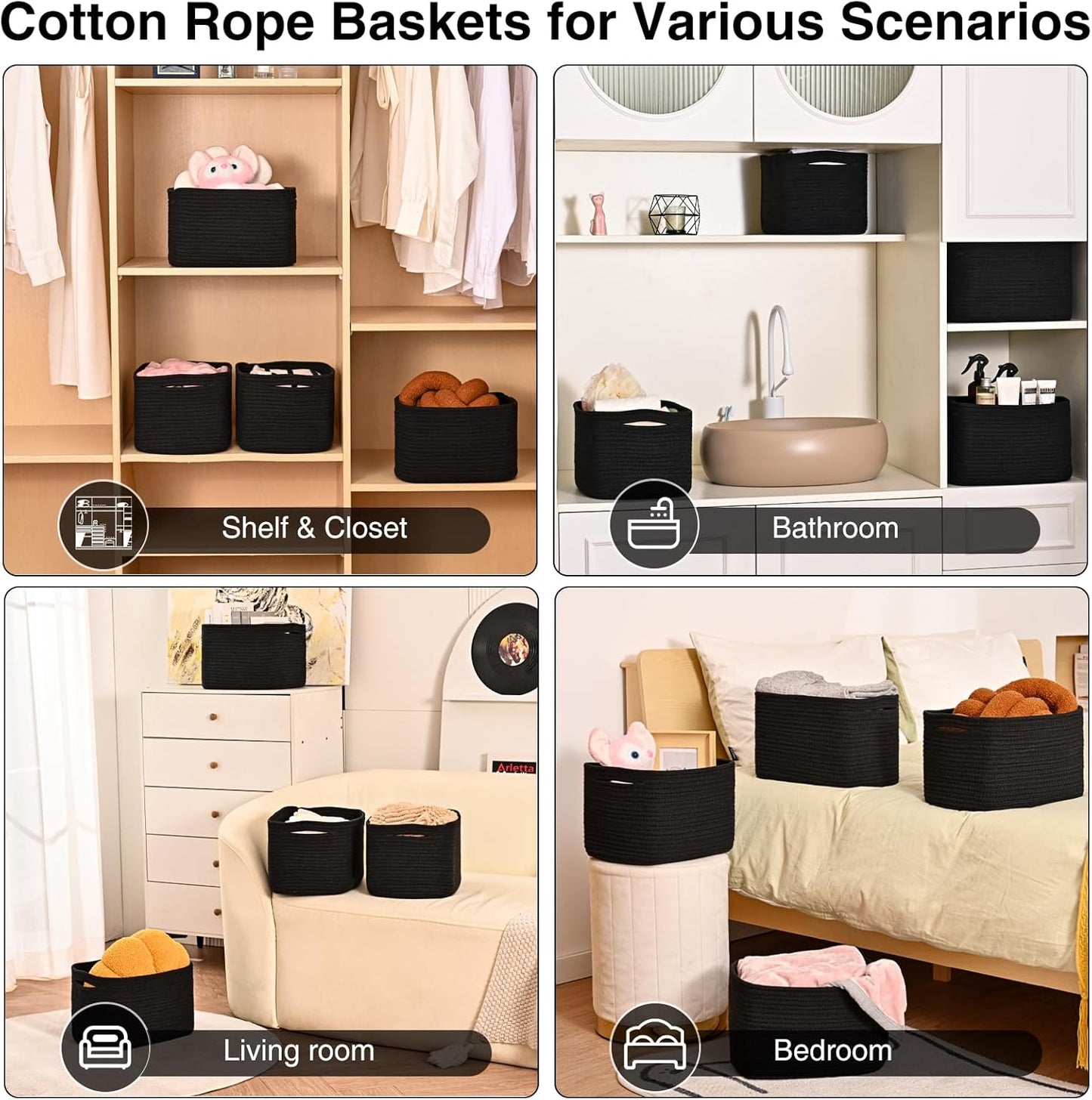 Small Storage Baskets for Organizing Shelves, Cotton Rope Basket for Storage, Cute Rectangular Book Toy Bins, 12.7"×9.1"×7.9", 4 Packs, Black