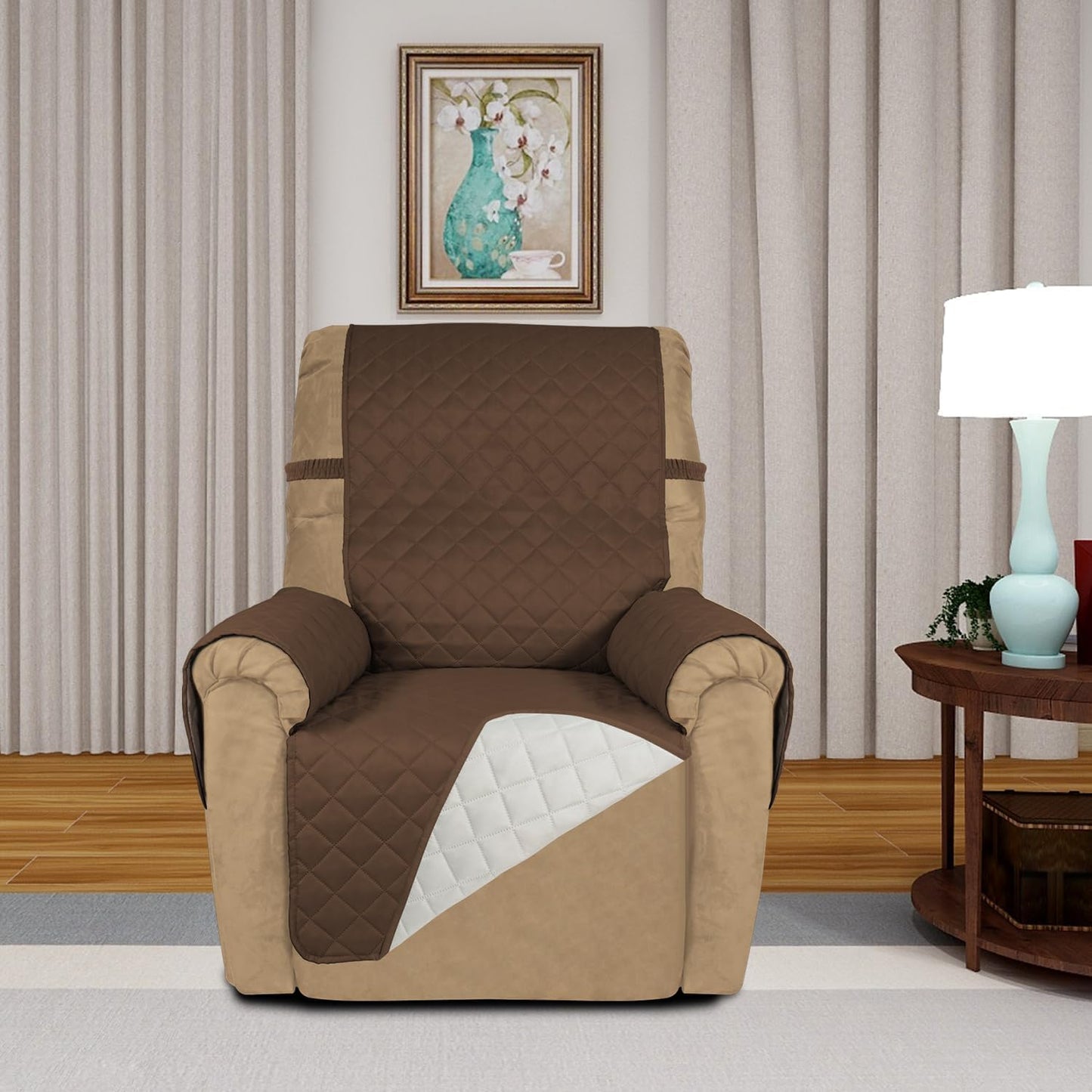 PureFit Reversible Quilted Sofa Cover, Water Resistant Slipcover Furniture Protector, Washable Couch Cover with Non Slip and Elastic Straps for Kids, Dogs, Pets (Recliner, Coffee/Ivory)