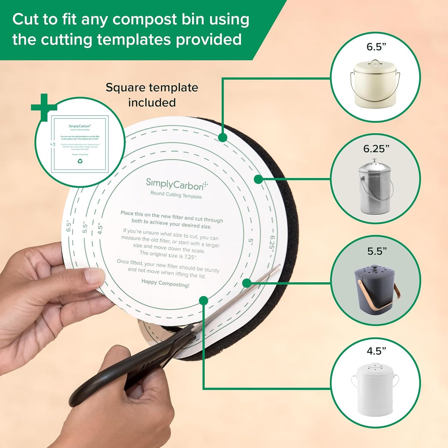 2 Years Supply Extra Thick Filters for Kitchen Compost Bins - Longer Lasting Activated Charcoal - Universal Size Fits ALL Compost Bins up to 7.25" Filter Size - Replacement Set of 6 (by Simply Carbon)