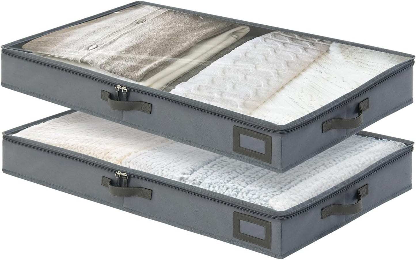 4-Inch Under Bed Storage Containers (2-Pack) | Sturdy Sidewalls | Clear Cover & Label Holder | Foldable Closet Organizer | Stores Clothing/Blankets/Sweaters/Sheets
