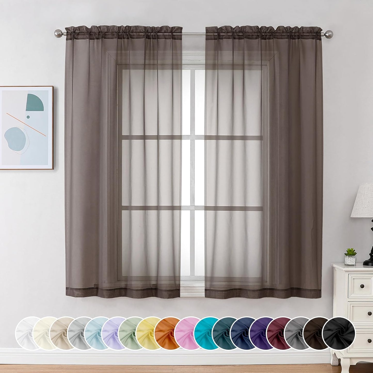 Chyhomenyc Sheer Curtains 63 Inch Length 2 Panels, Light Filtering Rod Pocket Window Sheer Curtain Drapes for Bedroom Living Room, 42Wx63L, 2 Panels, Chocolate Brown