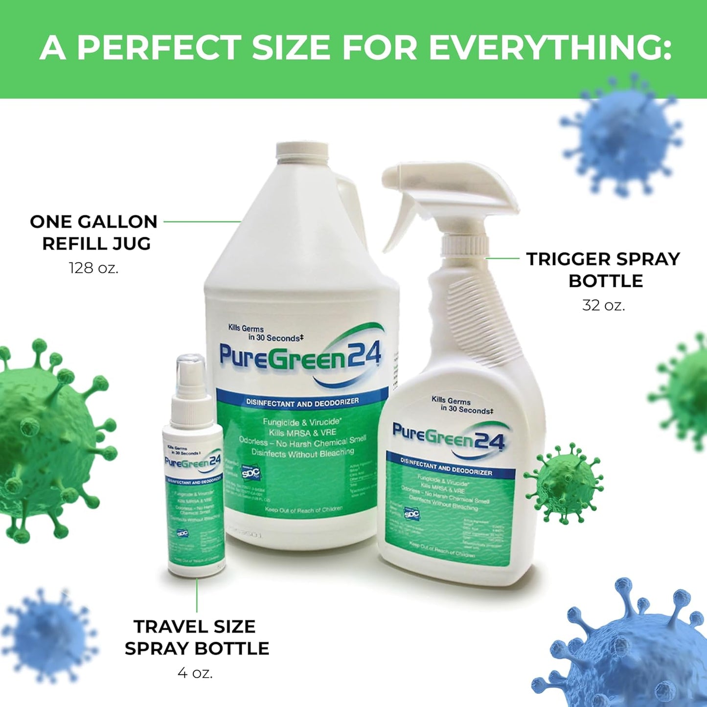 PureGreen24 Safe & Effective Disinfectant. Kills Deadly Germs including RSV COVID-19 Norovirus MRSA Staph 2025 flu Contains no toxic chemicals odorless child & pet safe 2 gallon bottles ready to use