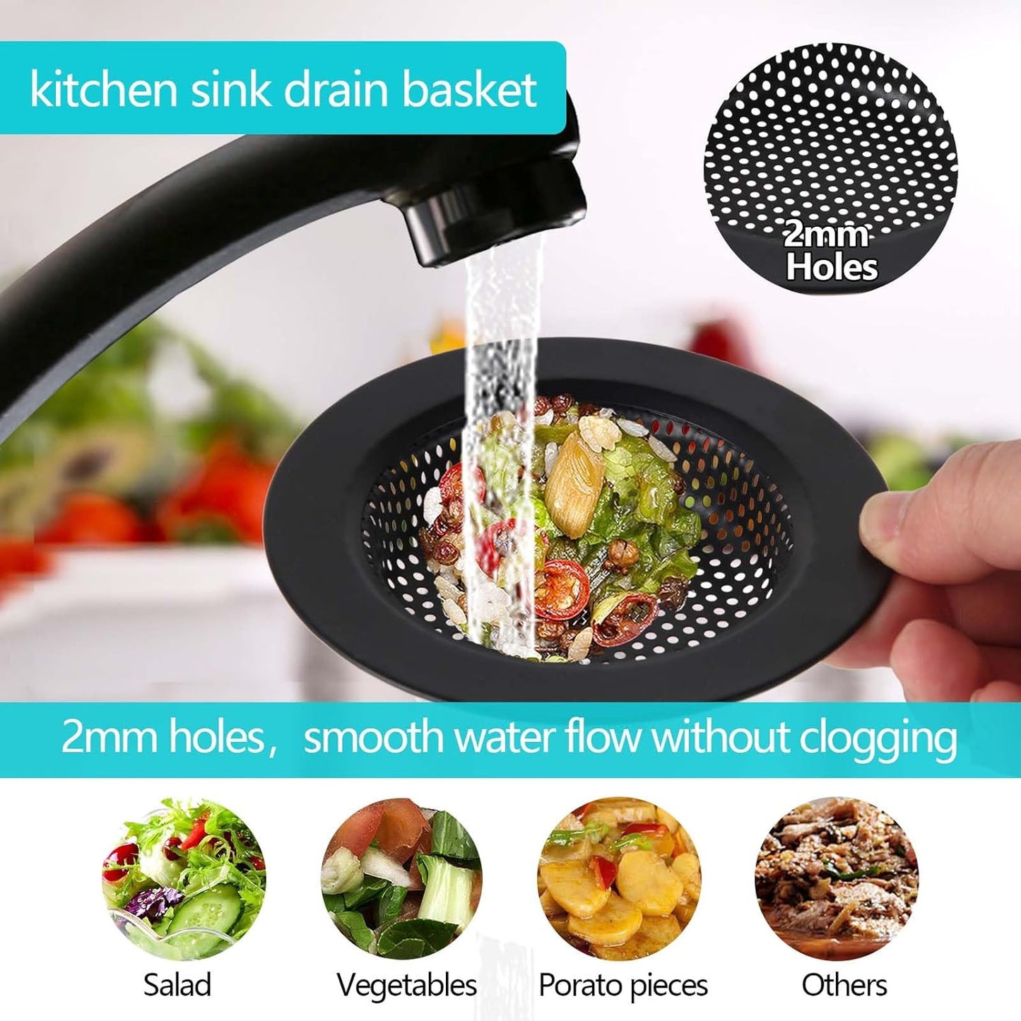 3 PCS Kitchen Sink Stopper Strainer,Anti-Clogging Stainless Steel Sink Disposal Stopper, Garbage Disposal Plug, Perforated Basket Drain Filter Sieve or Keep Water for Standard Kitchen Sink Drain,Black