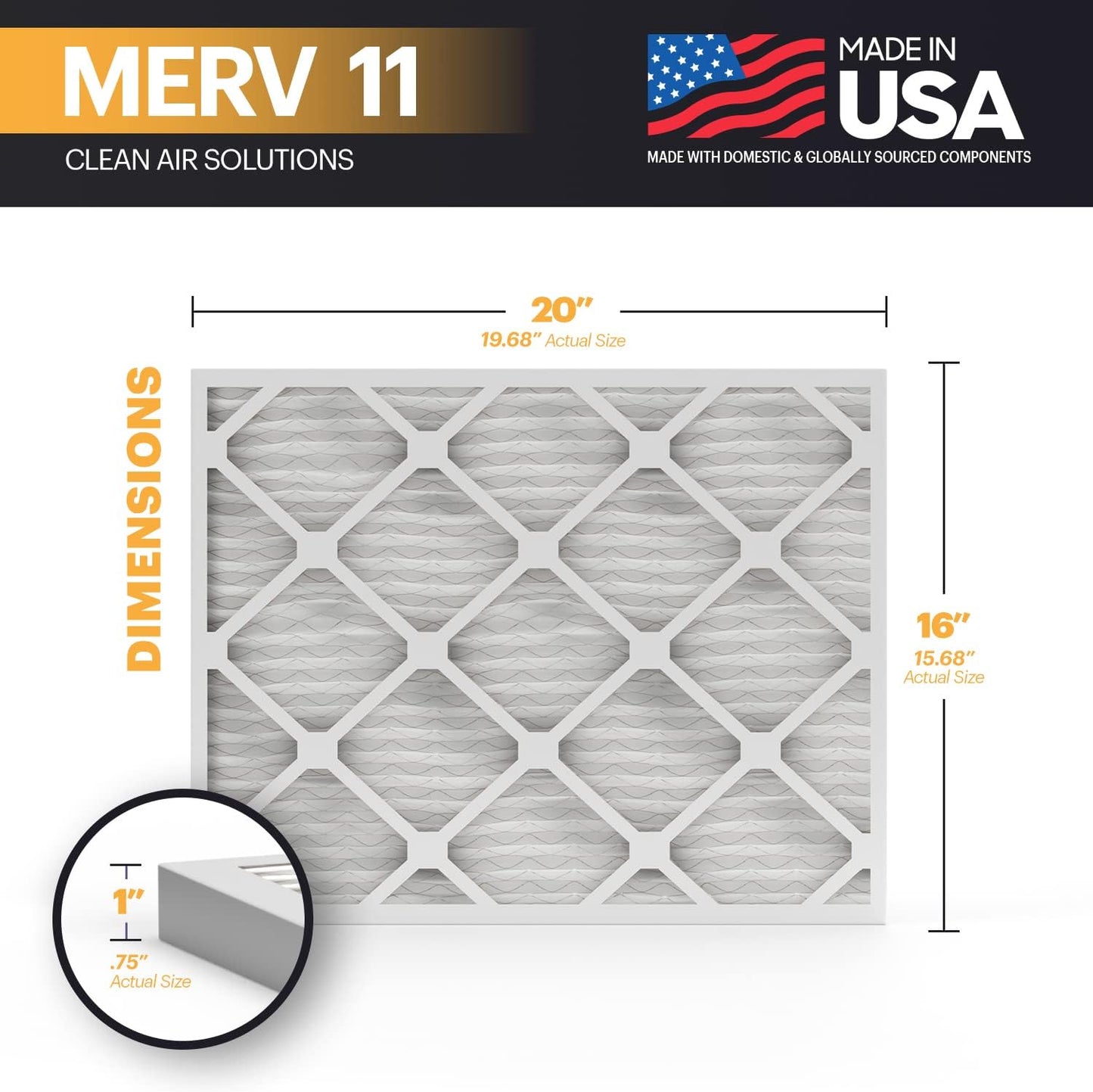 BNX TruFilter 16x20x1 Air Filter MERV 11 (6-Pack) - MADE IN USA - Allergen Defense Electrostatic Pleated Air Conditioner HVAC AC Furnace Filters for Allergies, Dust, Pet, Smoke, Allergy MPR 1200 FPR 7