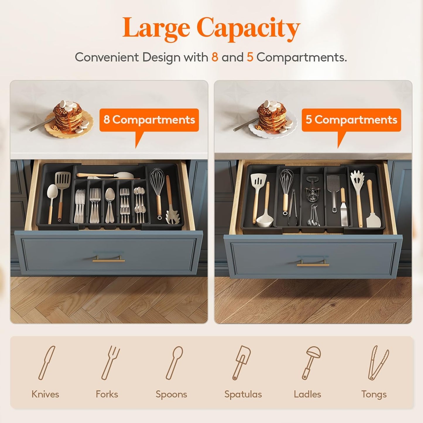 Lifewit Silverware Drawer Organizer and Utensil Organizer Set, Expandable Cooking Cutlery Tray for Kitchen, Adjustable Plastic Flatware Holder Storage Divider for Spoons Forks Knives, Large, Black