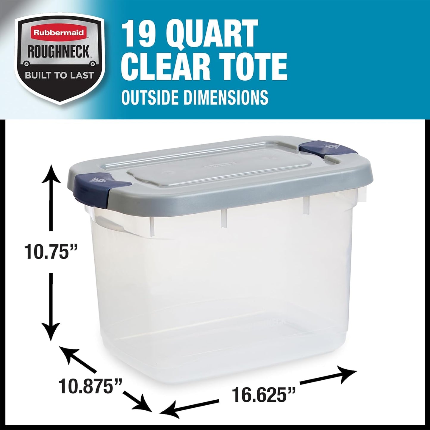 Rubbermaid Roughneck Clear 19Qt/ 4.75 Gal Storage Containers, Pack of 6, with Snap-Fit Grey Lids, Visible Base, Sturdy and Stackable, Great for Storage and Organization