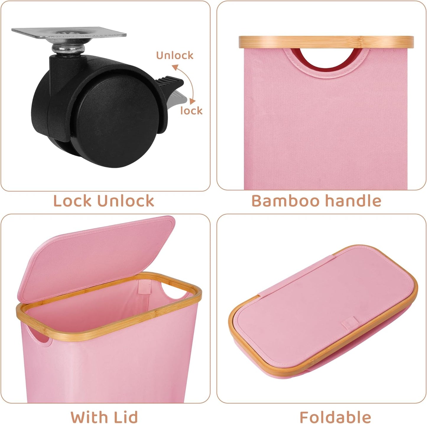 60L Slim Laundry Basket with Wheels,Narrow Hampers for Laundry,Freestanding Laundry Hamper with Lid&Bamboo Handles,Collapsible & Waterproof Tall Cloth Hamper for Dorm Family(Pink)