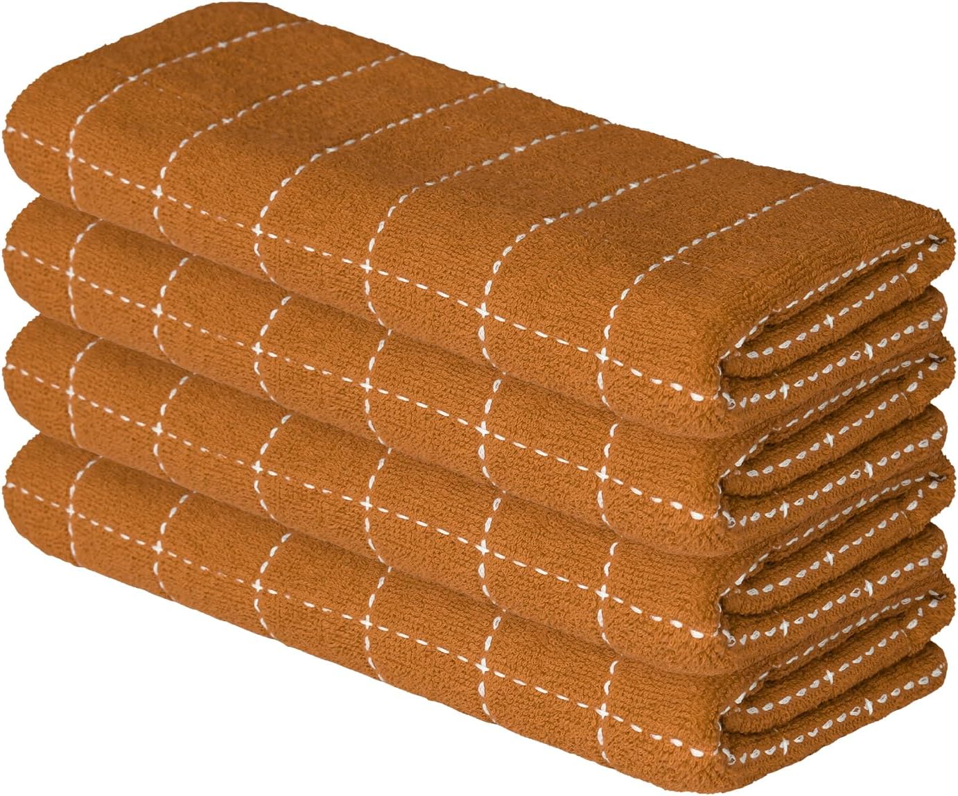 Artoid Mode Checkered Designed Cotton Caramel Orange Terry Kitchen Dish Towels, 15x25 Inch Soft Absorbent Quick Drying Cleaning Tea Towels Set of 4