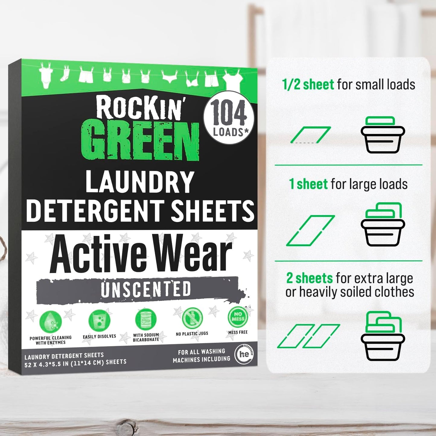 Rockin' Green Active Wear Travel Laundry Detergent Sheets Unscented - Mess-Free Laundry Sheets Detergent with Sodium Bicarbonate - Easily Dissolvable Laundry Soap for Traveling (104 Loads)