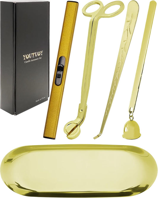 5 in1 Candle Accessory Set with Rechargeable Candle Lighter, Candle Wick Trimmer, Candle Wick Snuffer, Candle Wick Dipper, Storage Tray Plate, Candle Care Kit (Gold)