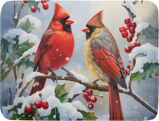 Winter Cardinal Birds Dish Drying Mat, Holly Berry Branches Dish Drying Mat for Kitchen Counter, Red Birds Absorbent Fast Dry Dish Drainer Mat Protector Xmas Microfiber Dish Drying Pad 16x18 Inch
