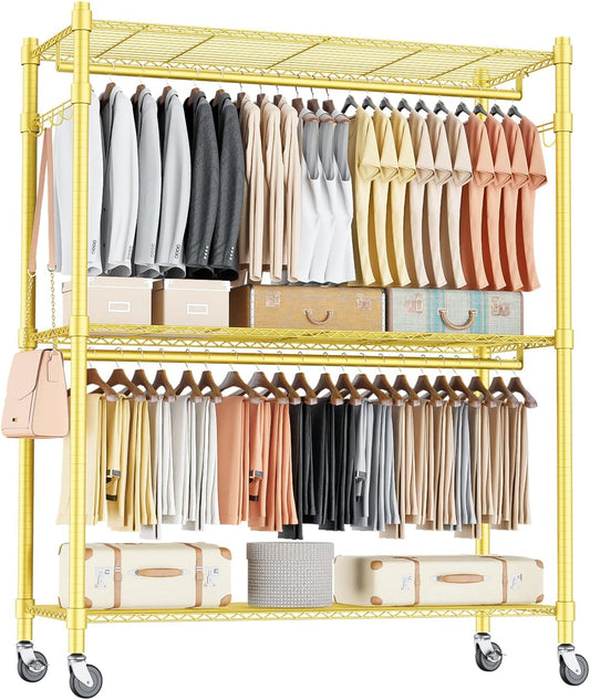 Homdox Gold Heavy Duty Clothes Rack with Wheels, 3-Tier Rolling Metal Garment Organizer with Double Hanging Rods & Hooks, Freestanding Portable Closet, 17.72" D x 47.24" W x 80.71" H