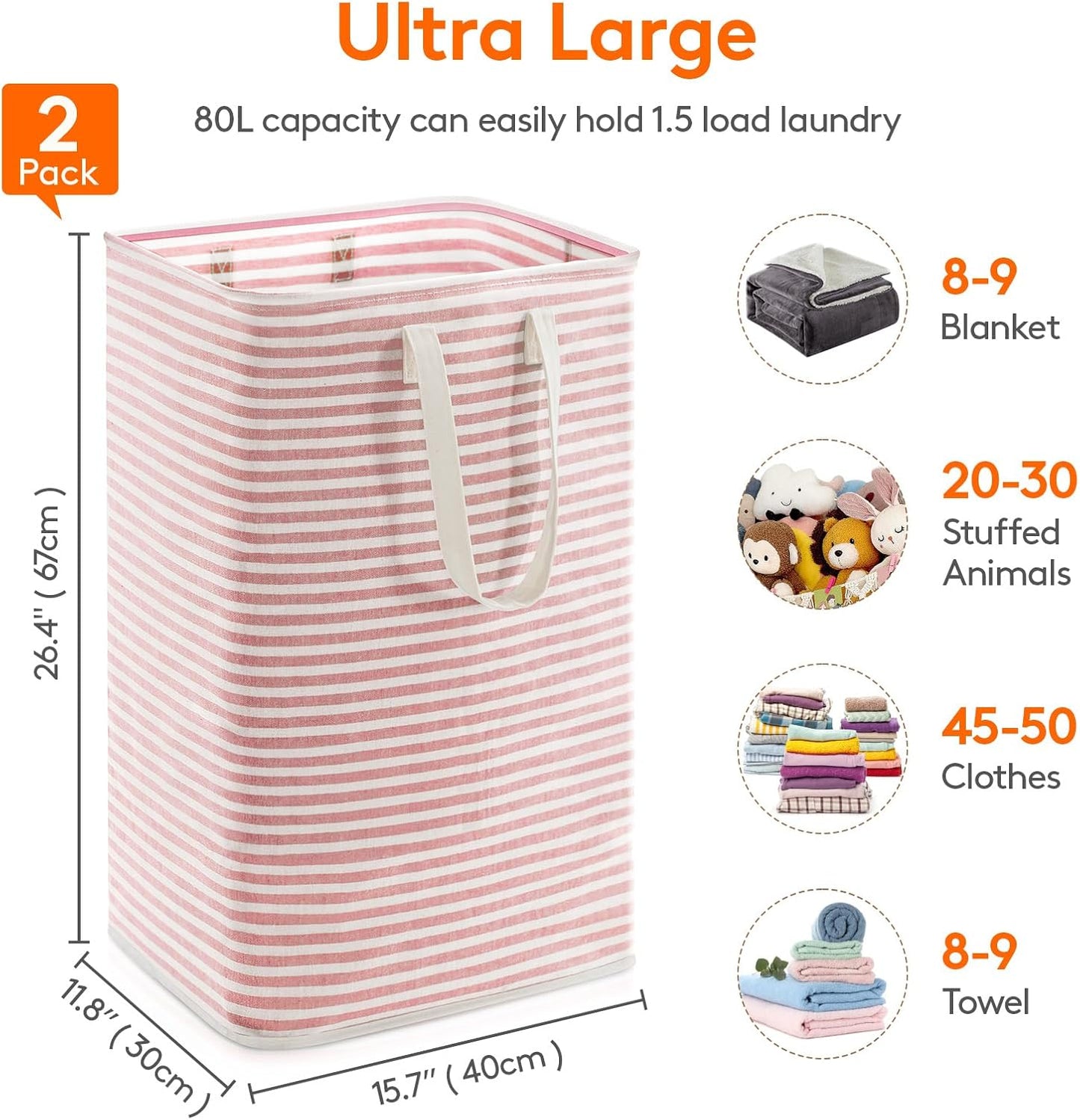 Lifewit 2 Pack Laundry Hamper Large Collapsible Laundry Baskets, Freestanding Waterproof Clothes Hamper with Easy Carry Handles in Laundry Room Bedroom Bathroom College Dorm for Adults, Pink, 2 x 80L