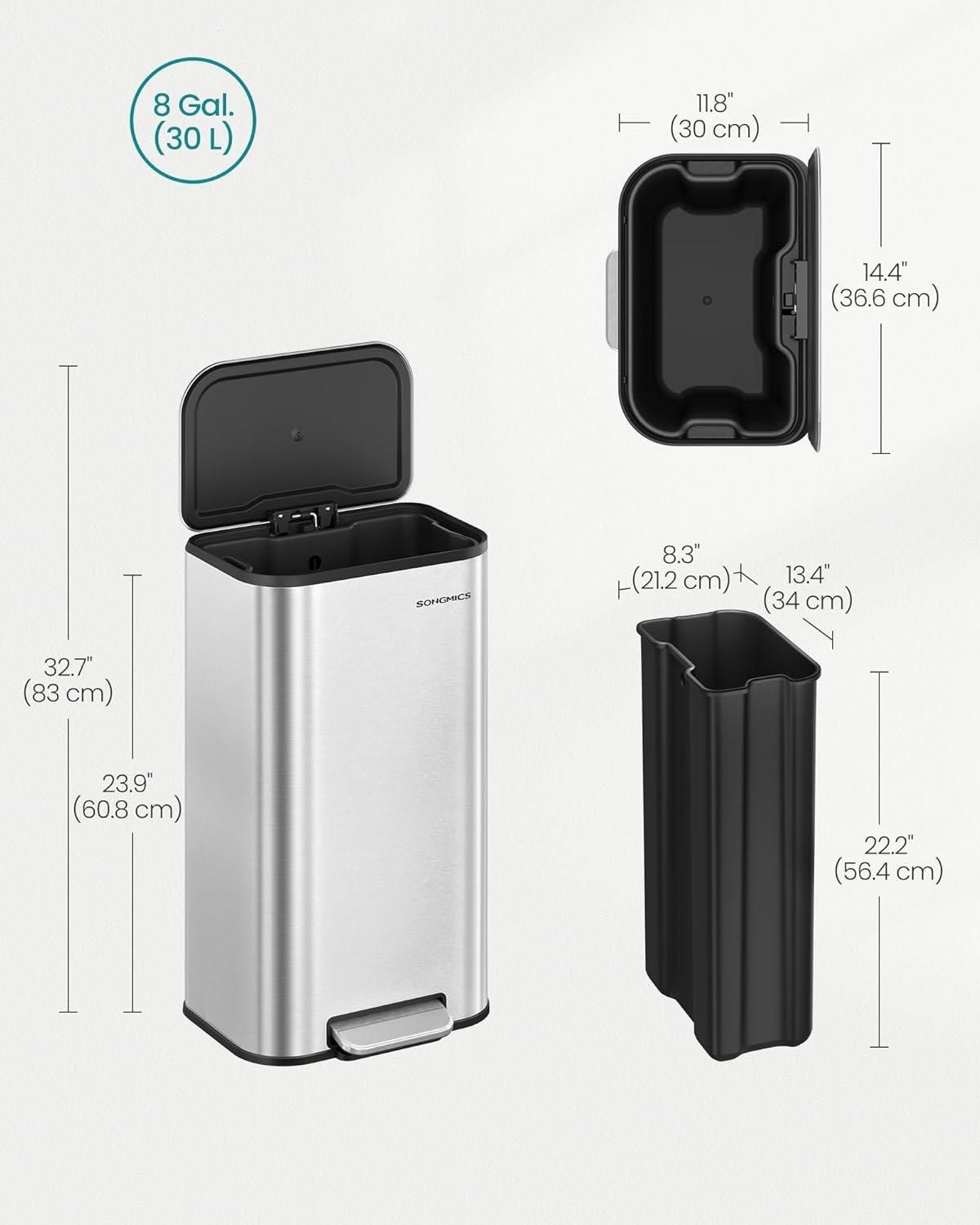 SONGMICS Kitchen Trash Can, 8-Gallon (30 L) Garbage Can with Lid, Stainless Steel, Soft Close and Stays Open, Inner Bucket, Wide Non-Slip Pedal, Metallic Silver ULTB546E01