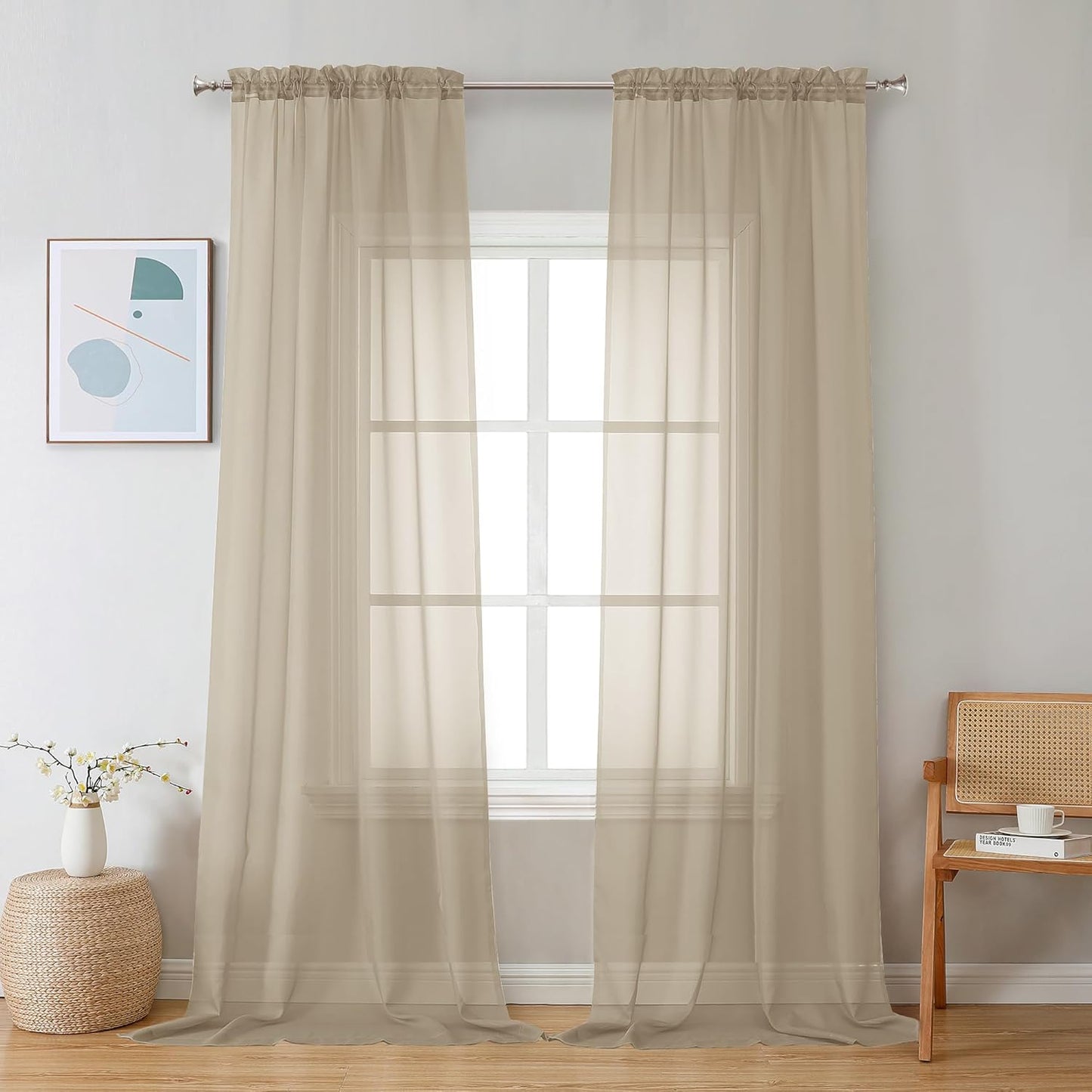 Chyhomenyc Sheer Taupe Curtains 90 inches Long 2 Panels, Light Filtering Soft Airy Solid Elegant Voile Window Treatment Drapes for Bedroom Living Room Wedding Party Decor, 42 Wx90 L Inches