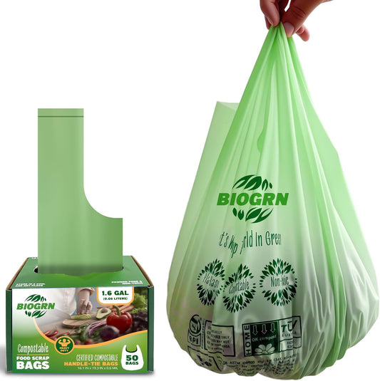 Compostable Trash Bags 1.2-1.6 Gallon Handle Tie 50 Count 0.6 Mil 6.06 Liter Small Compost Bags for Countertop Bin Biodegradable Bags Green for Kitchen ASTM D6400 & BPI Certified, OK Compost Home