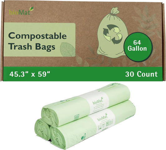 bioMat 64 Gallon Compostable Trash Bags Liners, 30 Count, BPI ASTM D6400 and CMA Certified, Compost Liner Bags for Large Trash Can