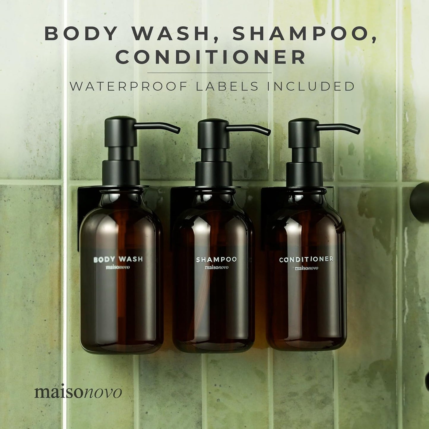 MaisoNovo Shampoo and Conditioner Dispenser - Shower Soap Dispenser Wall Mounted - 16.9 fl oz Set of 3 Amber Plastic Bottles Black Pump - 3 Chamber No Drill