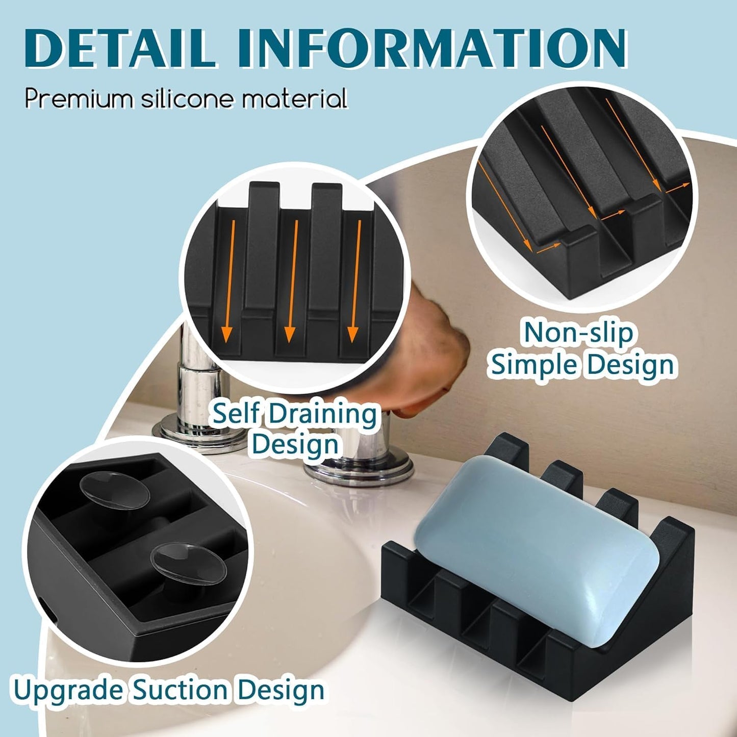 Silicone Soap Dish for Bar Soap Holder for Shower Bathroom Self Draining Waterfall Drying Tray Keep Soap Bars Dry Clean & Easy Cleaning (Black, 1)