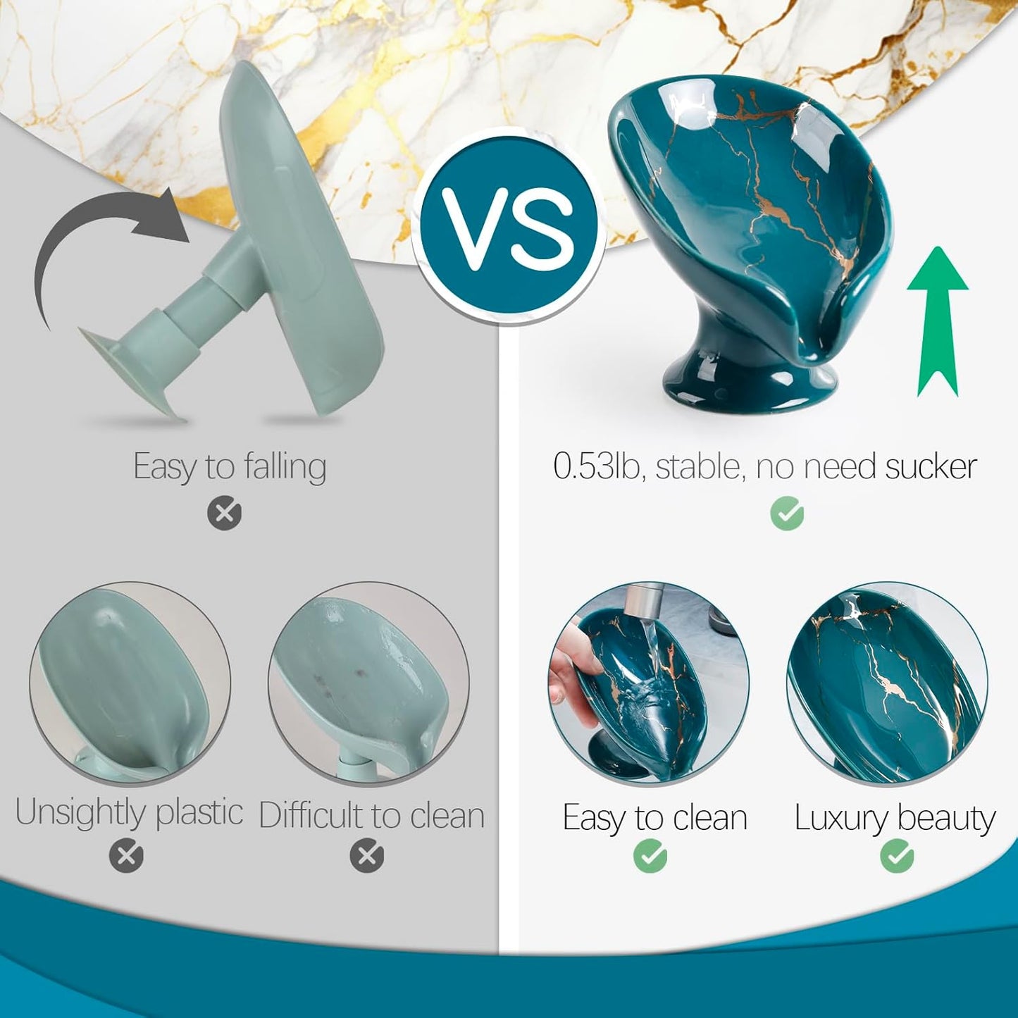 Soap Dish, Ceramic Soap Holder Self Draining Leaf Shape Bar Soap Holder, Marble Look Green Drain Soap Dish Holder for Bathroom, Easy to Clean Keeps Soap Dry, ANTIS'S HOME