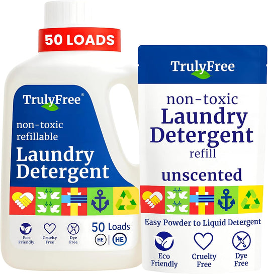 Truly Free Laundry Wash Detergent for Sensitive Skin, Gentle & Safe for Baby Clothes | Plant-Based, Natural Ingredients | Unscented | Include 1 Refillable Bottle (50 Loads)