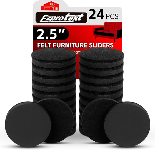 Ezprotekt 2.5" Felt Furniture Movers Sliders for Hardwood Floors, 24 Pcs Reusable Round Felt Furniture Moving Pads for Sofa Desk Couch Cabinet, Furniture Glides Easily and Quickly (Black)