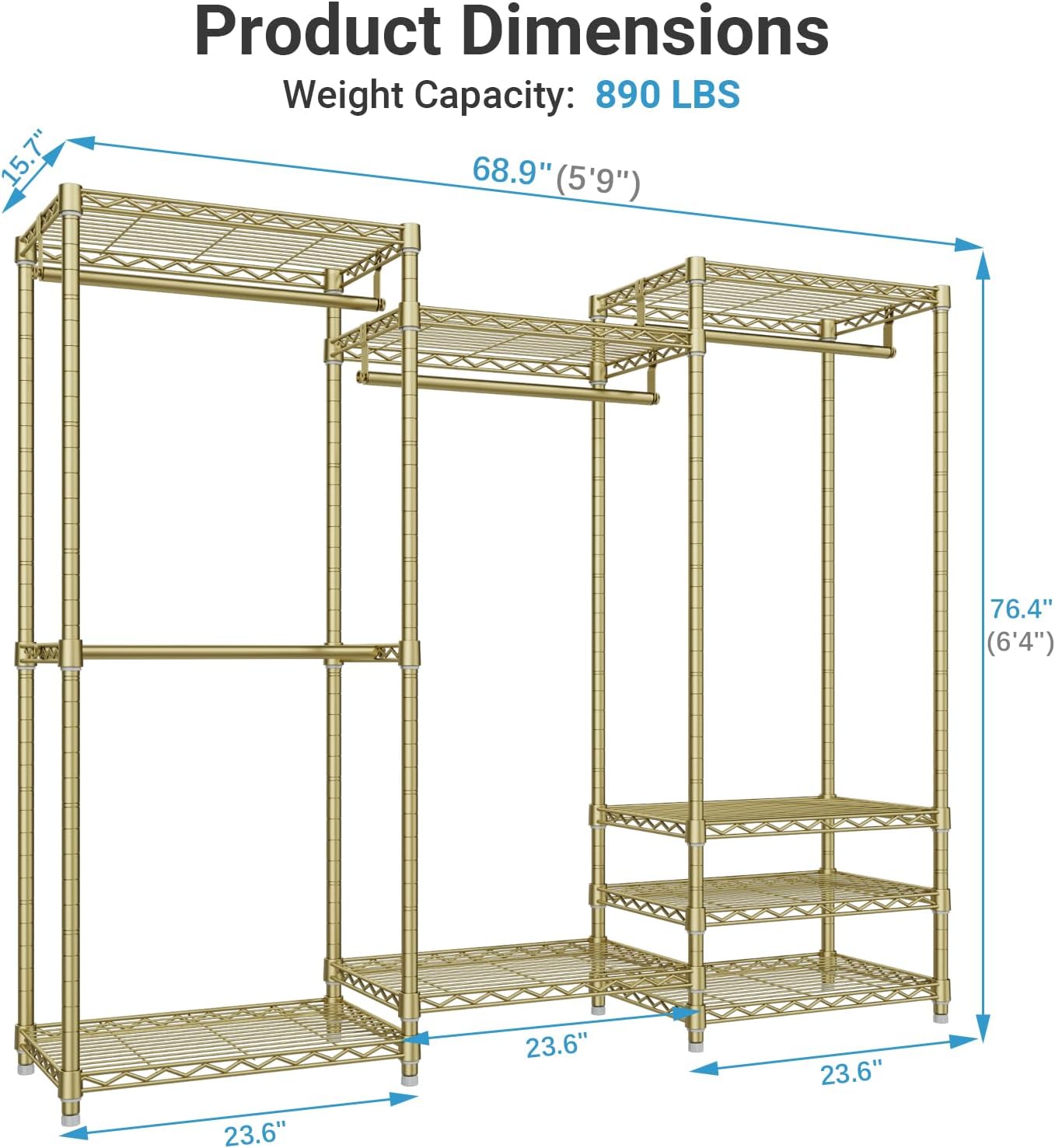 VIPEK V5 Portable Closet Wardrobe Heavy Duty Clothes Rack, Freestanding Metal Clothing Racks Custom Closet Racks with 8 Adjustable Shelves, 68.9" Lx15.7 Wx76.4 H, Max Load 890LBS, Gold