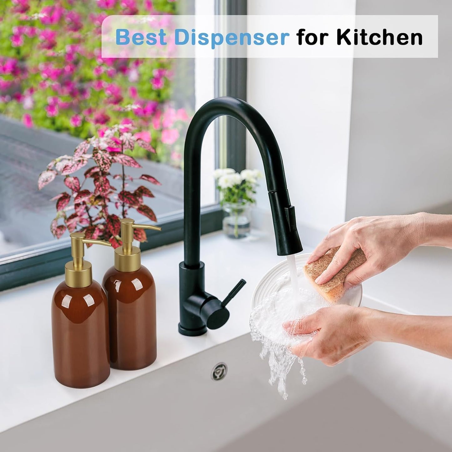 Natheeph 14OZ Ceramic Soap Dispenser Ceramic Soap Pump Dispenser Can Fill Liquid for Bathroom/Kitchen (2PC Brown)