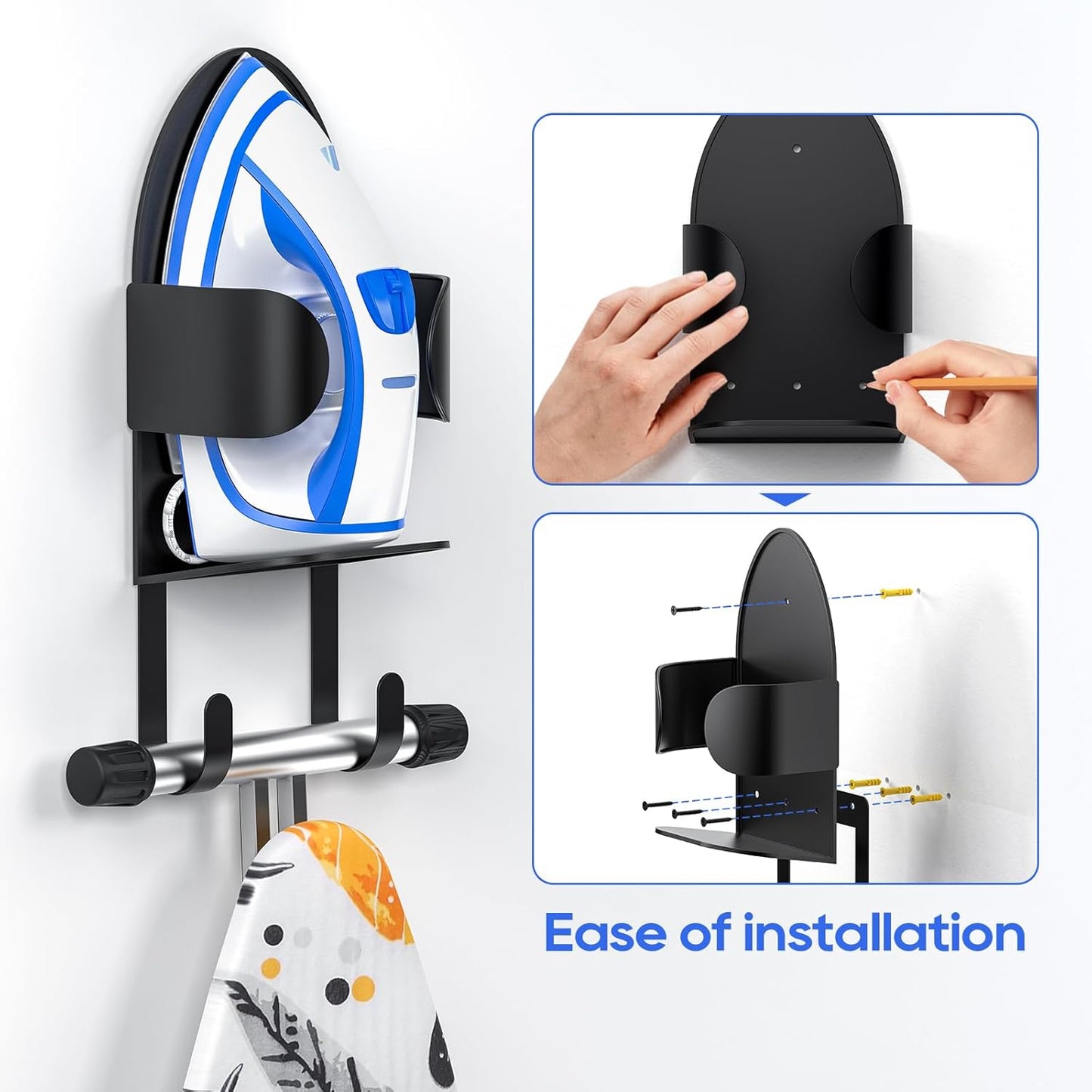 ORLESS Metal Large Ironing Board Holder Wall Mount, Ironing Board Hanger, Iron Board Holder, Iron Board Hook Wall Mount, for Laundry Rooms (Black)