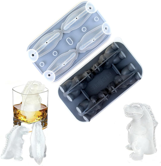 7.48inch Newly Upgraded 4-grid 3D Dinosaur Ice Tray and Covered Silicone Ice Tray, Suitable for Bars, Outdoor and Home Use (1, grey)