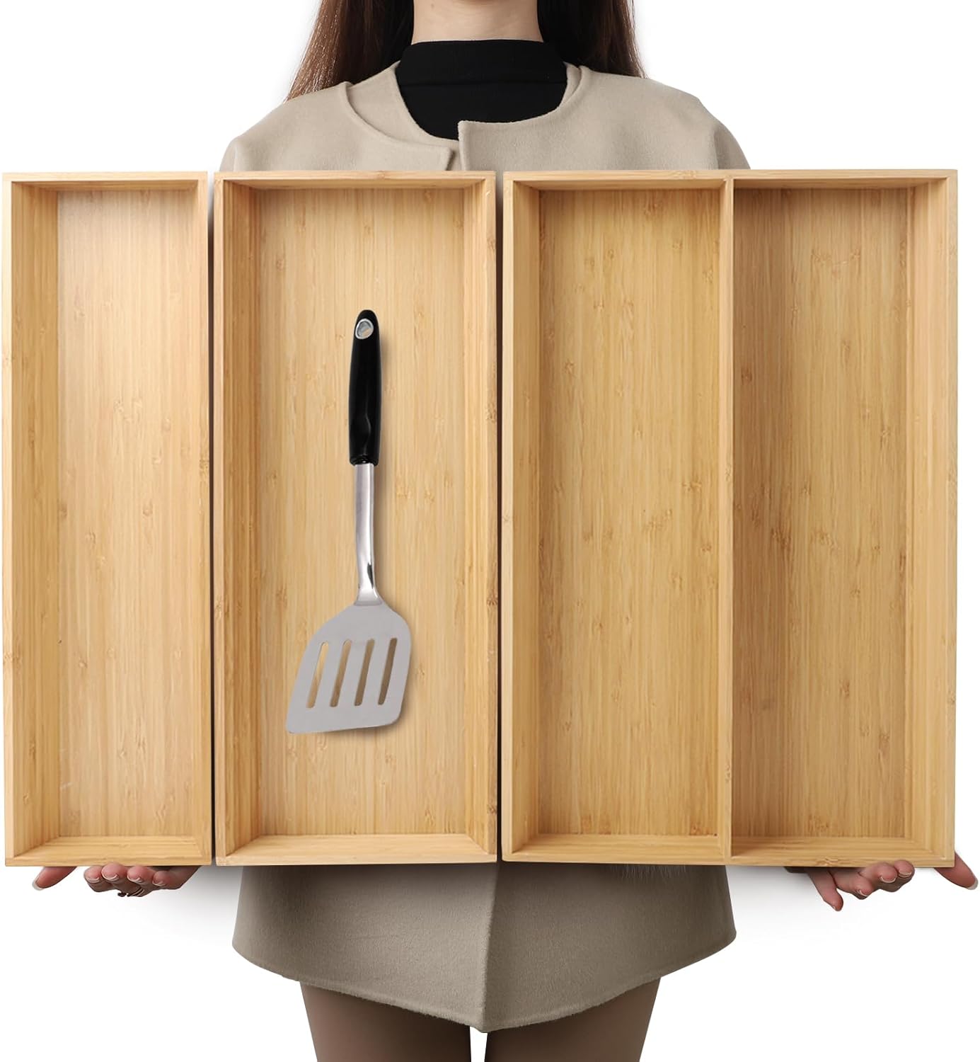 V-Shaped Bamboo Drawer Organizer Set of 3, Kitchen Large and Long Utensil Plate, Flatware & Silverware Storage Box, Wood Drawer Organizer for Bedroom, Living Room (19.6"x5.7" & 7.8" & 12.4")